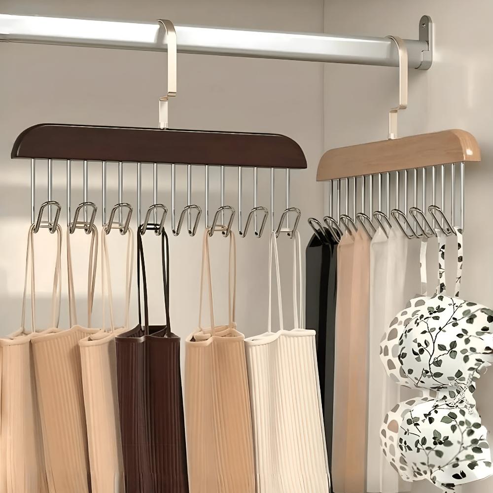 Closet Hanger 360-Degree Rotating Wood Finish & Stainless Hooks