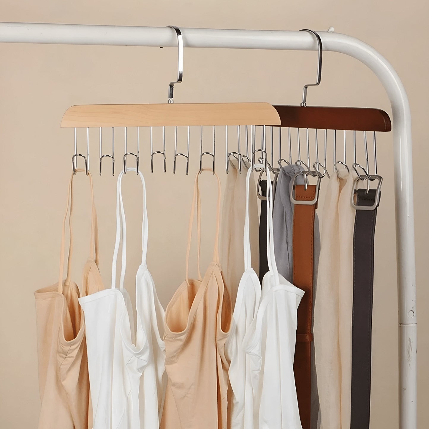 Closet Hanger 360-Degree Rotating Wood Finish & Stainless Hooks