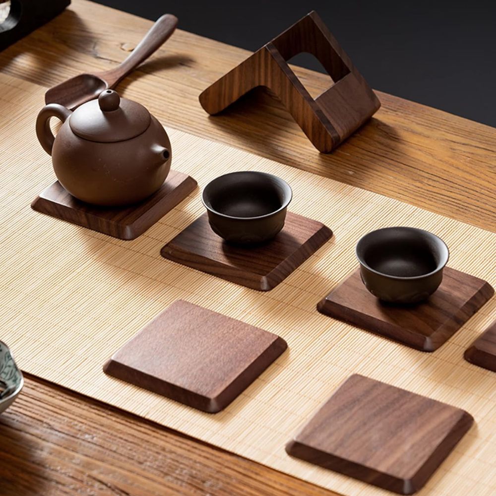 Coaster Set Square Stackable Holder Black Walnut & Beech