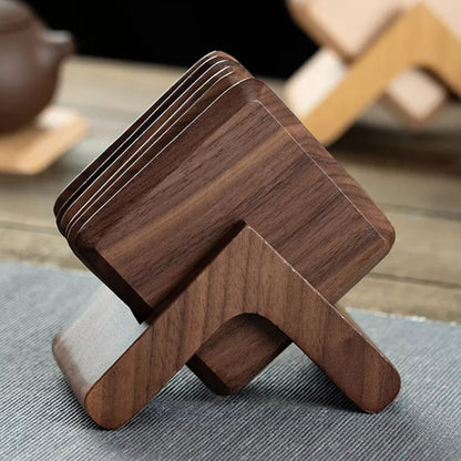 Coaster Set Square Stackable Holder Black Walnut & Beech