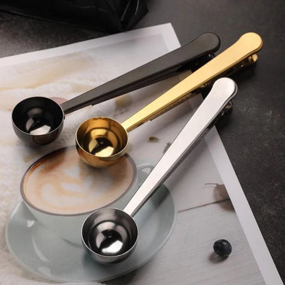 Coffee Scoop Long-Handled Stainless Steel Airtight Clip