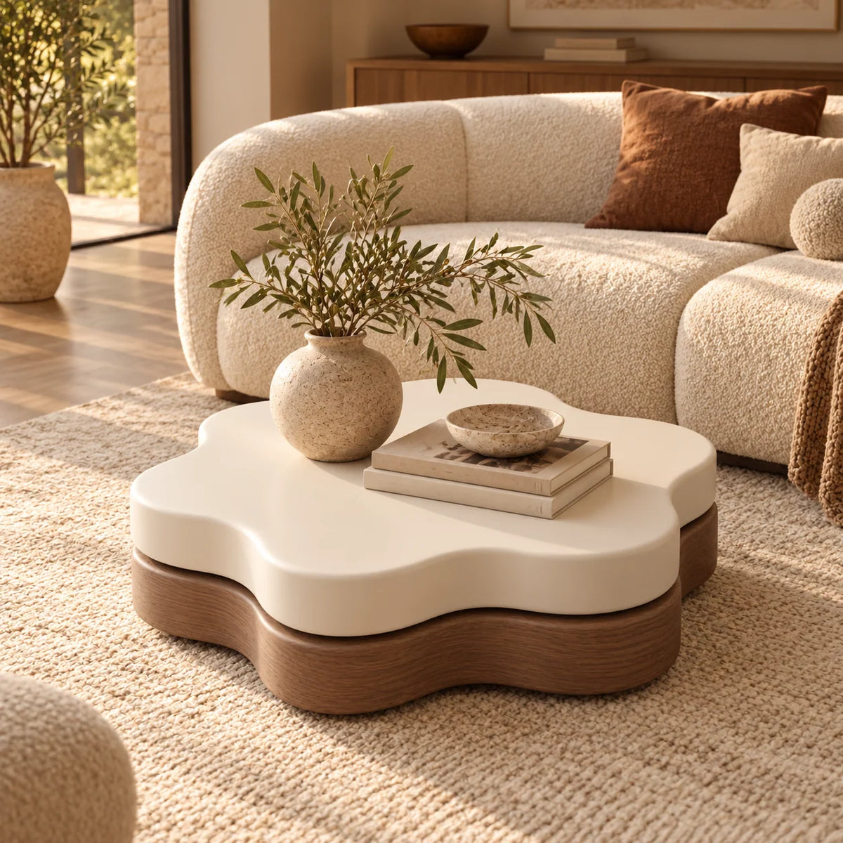 Coffee Table Rotating Extendable Flower-Shaped Top Built-In Shelf