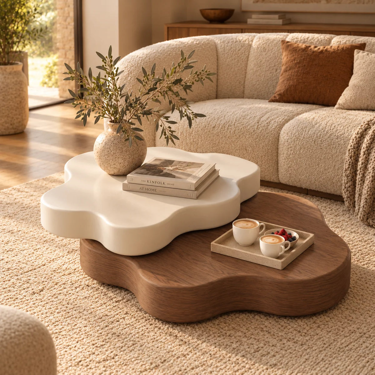 Coffee Table Rotating Extendable Flower-Shaped Top Built-In Shelf