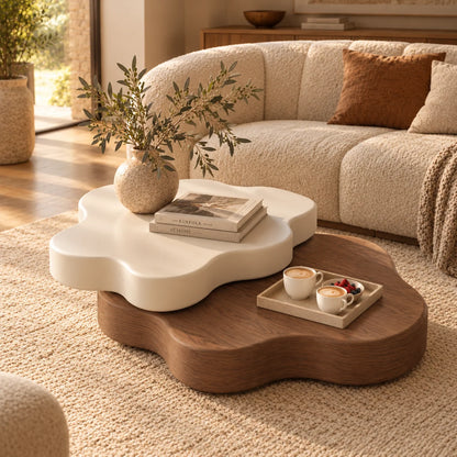 Coffee Table Rotating Extendable Flower-Shaped Top Built-In Shelf