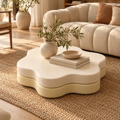 Coffee Table Rotating Extendable Top Flower Petal Design Built-In Shelf