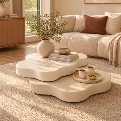 Coffee Table Rotating Extendable Top Flower Petal Design Built-In Shelf