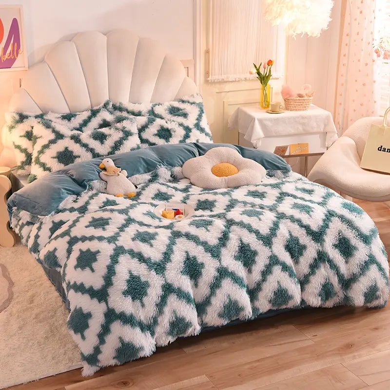 Comforter Set Sherpa Fleece Plush Warmth Machine-Washable