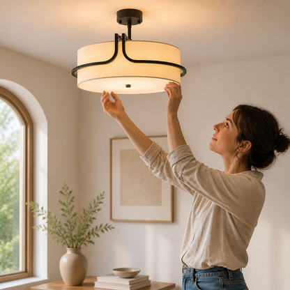 Compact Black Fabric Drum Semi-Flush Ceiling Light (Warm White Bulbs Included)
