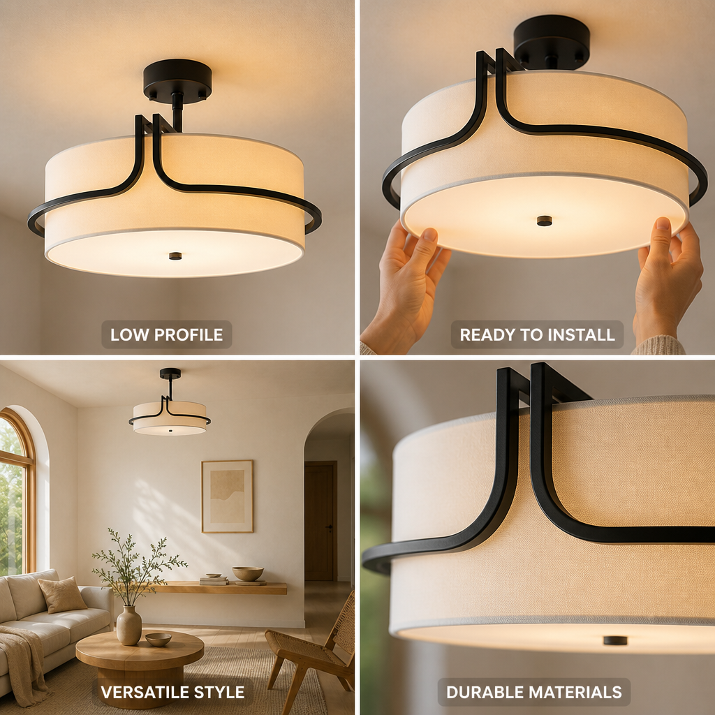 Compact Black Fabric Drum Semi-Flush Ceiling Light (Warm White Bulbs Included)