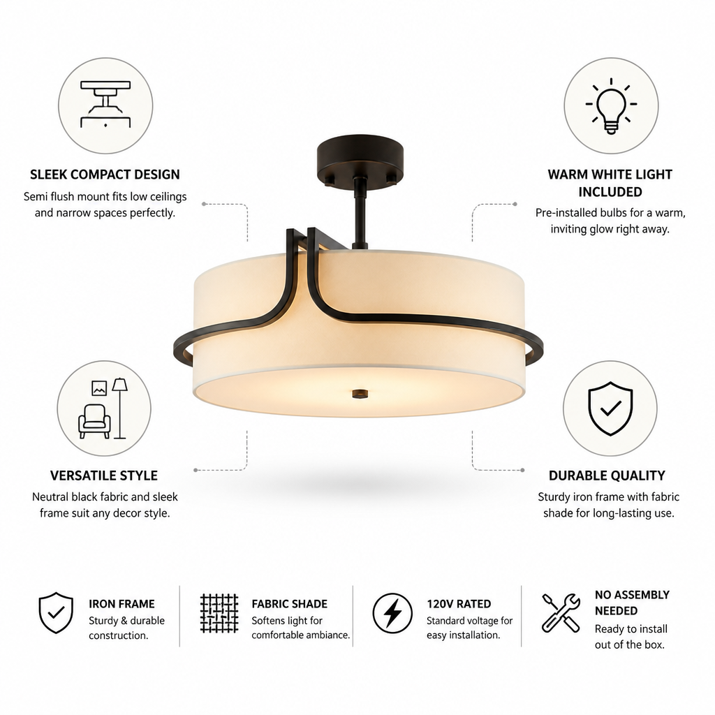 Compact Black Fabric Drum Semi-Flush Ceiling Light (Warm White Bulbs Included)