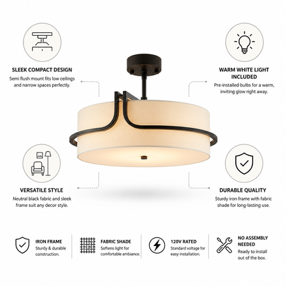 Compact Black Fabric Drum Semi-Flush Ceiling Light (Warm White Bulbs Included)