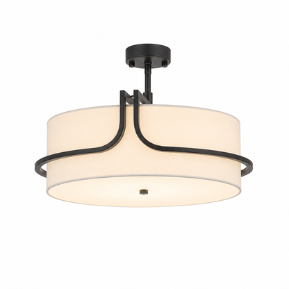 Compact Black Fabric Drum Semi-Flush Ceiling Light (Warm White Bulbs Included)