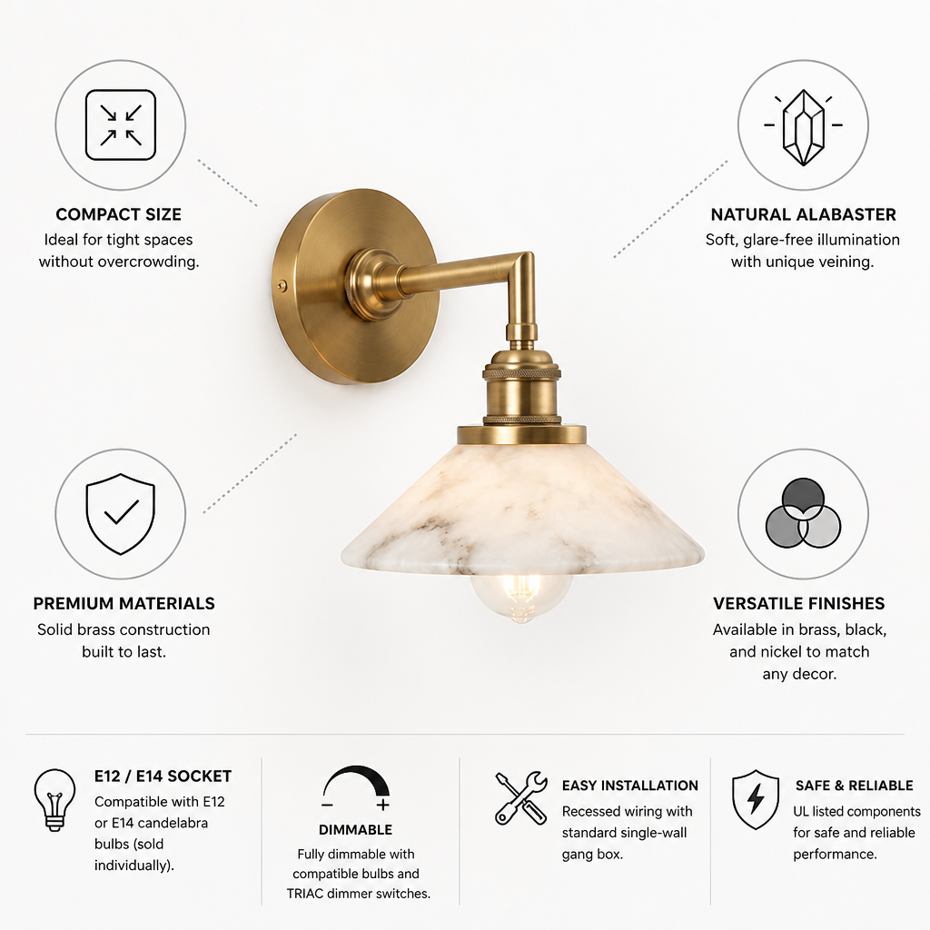 Compact Solid Brass Alabaster Wall Sconce