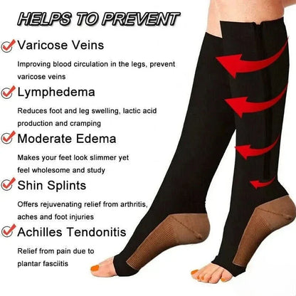 Compression Socks Graduated Support Zip-Up Open-Toe Design