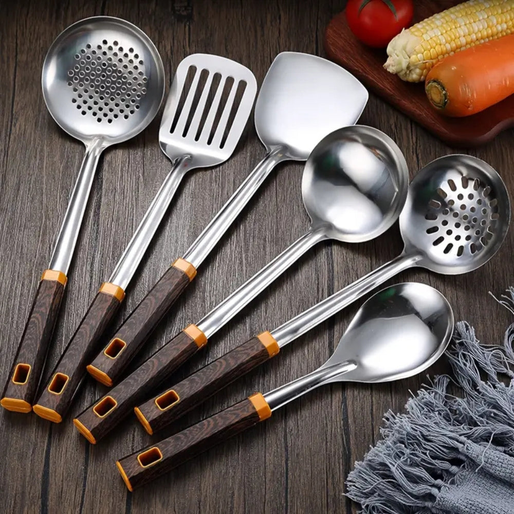 Cooking Utensil Set 304 Stainless Steel Wood-Grain Handles 6-Piece