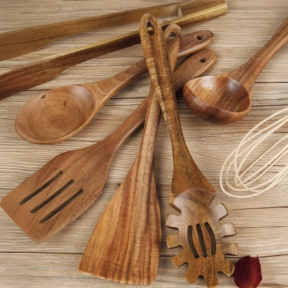 Cooking Utensil Set Premium Wood 7 Piece Non-Scratch
