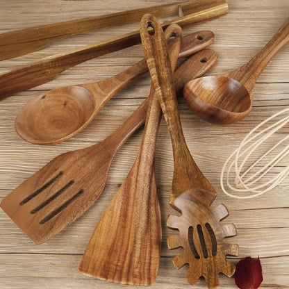 Cooking Utensil Set Premium Wood 7 Piece Non-Scratch