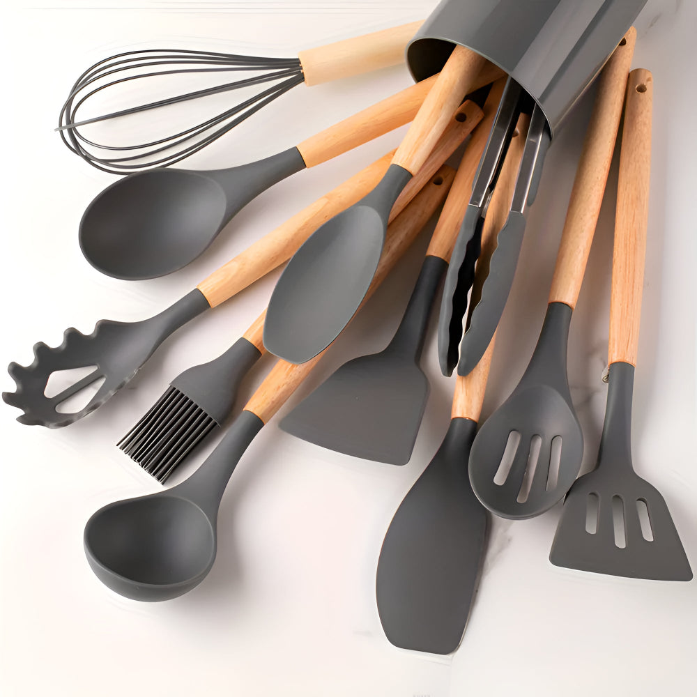Cooking Utensils Set 12-Piece Heat-Resistant Silicone & Bamboo Handles