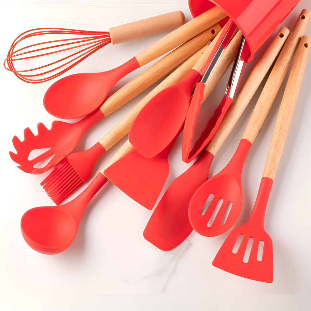 Cooking Utensils Set 12-Piece Heat-Resistant Silicone & Bamboo Handles