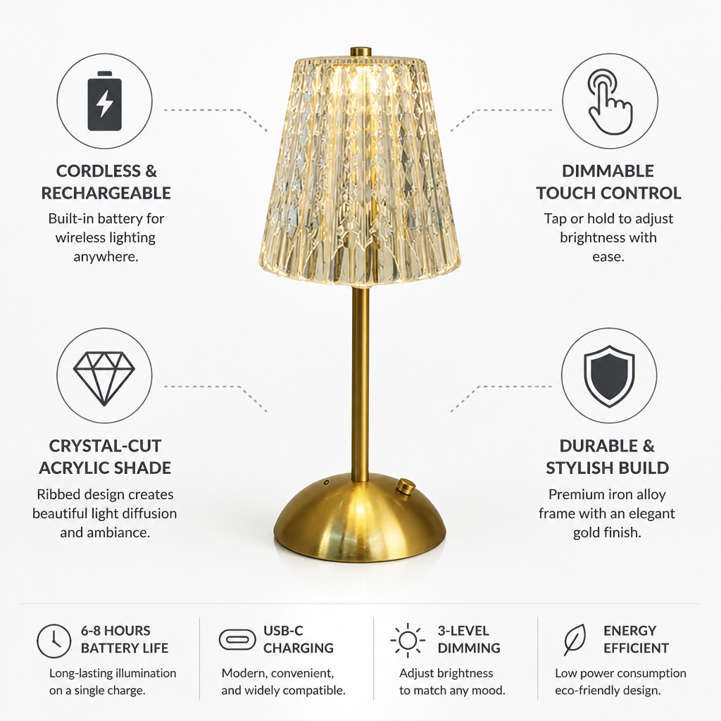 Cordless Rechargeable Dimmable Touch Table Lamp