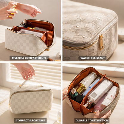Cosmetic Bag Water-Resistant PU Leather Compact Multiple Compartments