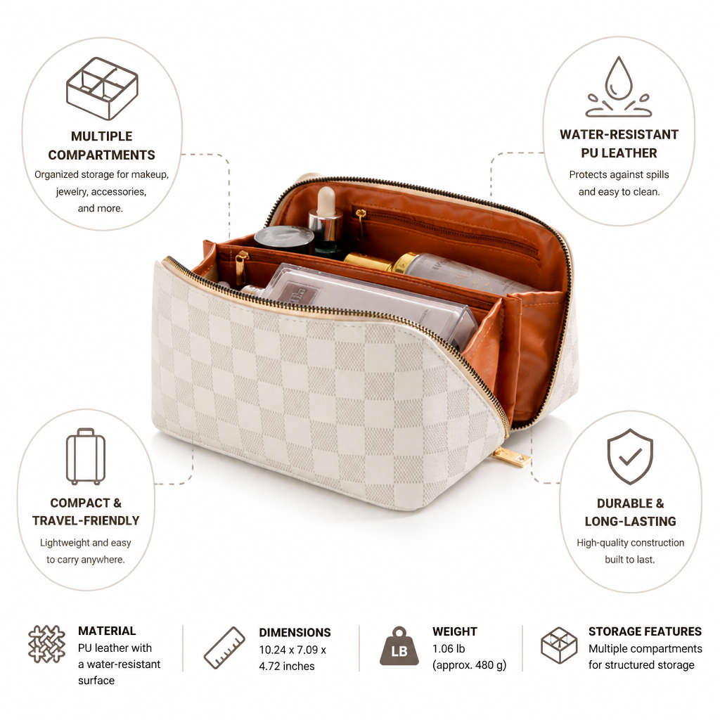 Cosmetic Bag Water-Resistant PU Leather Compact Multiple Compartments