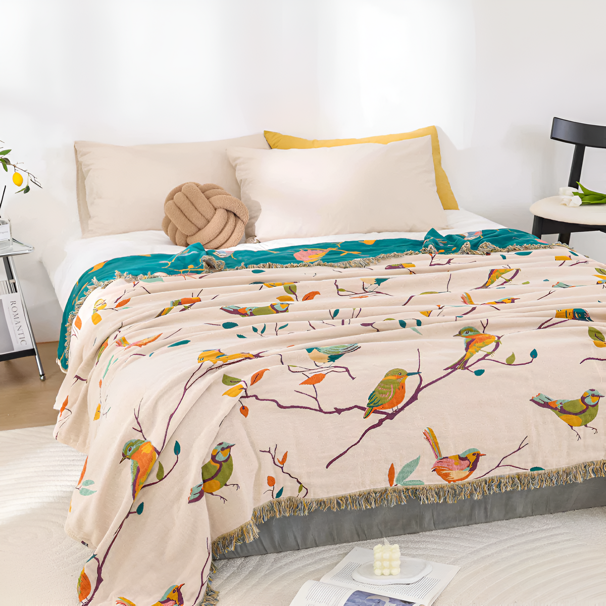 Cotton Blanket Bird Print Tassels Lightweight & Breathable