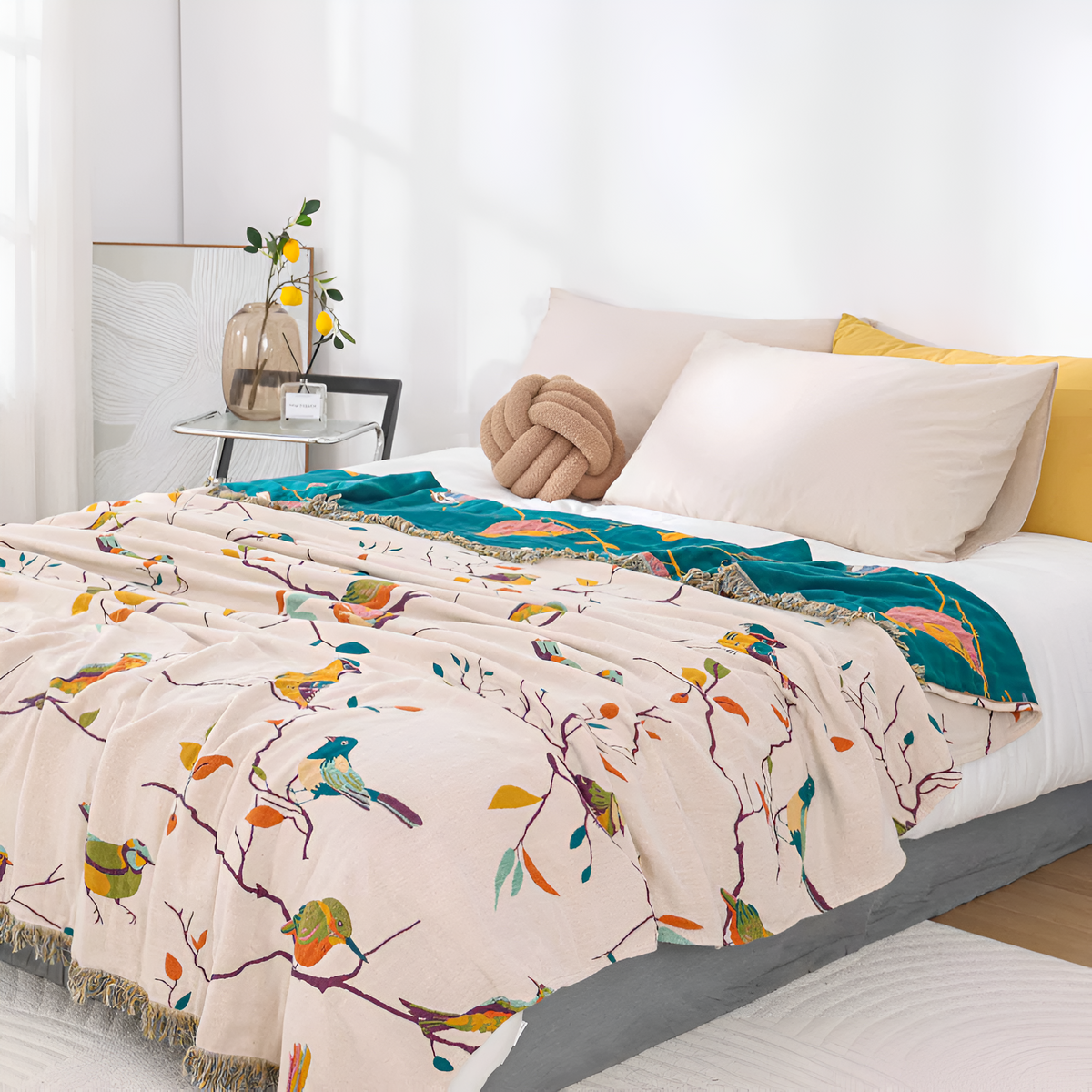 Cotton Blanket Bird Print Tassels Lightweight & Breathable