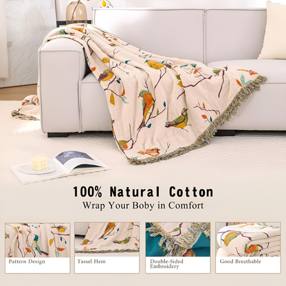 Cotton Blanket Bird Print Tassels Lightweight & Breathable