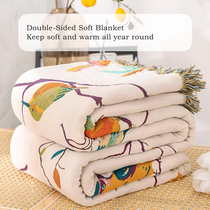 Cotton Blanket Bird Print Tassels Lightweight & Breathable