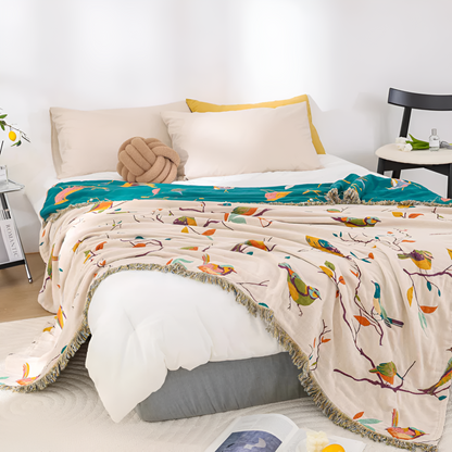 Cotton Blanket Bird Print Tassels Lightweight & Breathable