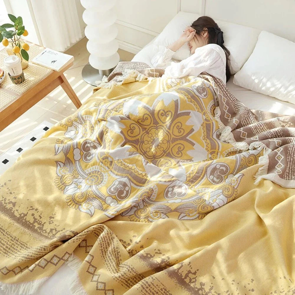 Cotton Blanket Boho Mandala Fringe Machine Washable