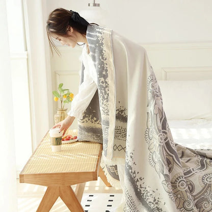 Cotton Blanket Boho Mandala Fringe Machine Washable