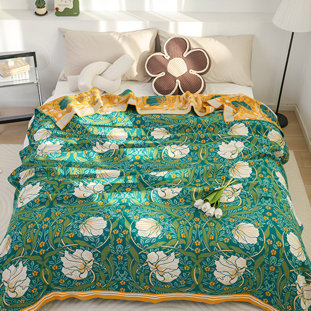 Cotton Blanket Breathable Lightweight Queen Size Botanical Print