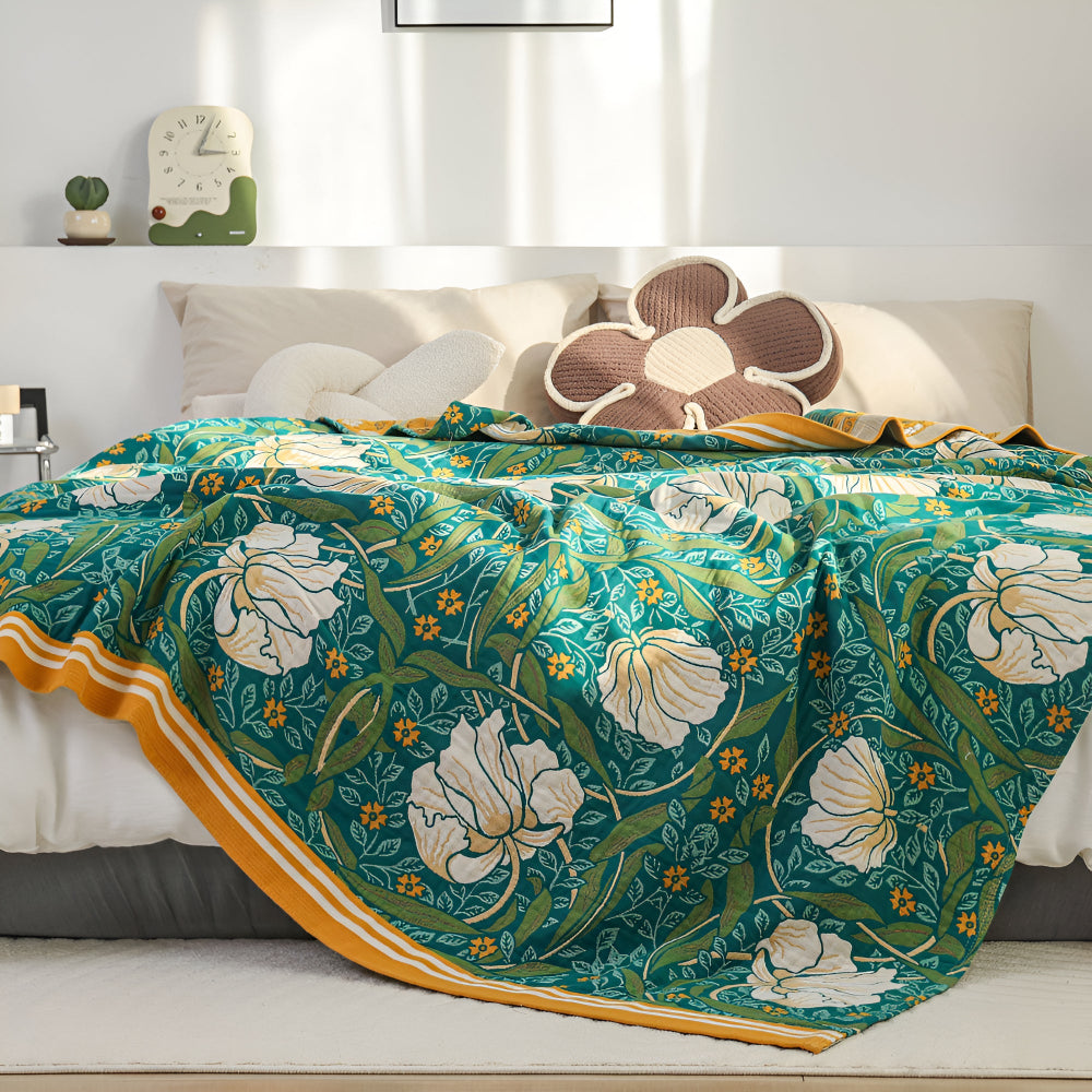 Cotton Blanket Breathable Lightweight Queen Size Botanical Print