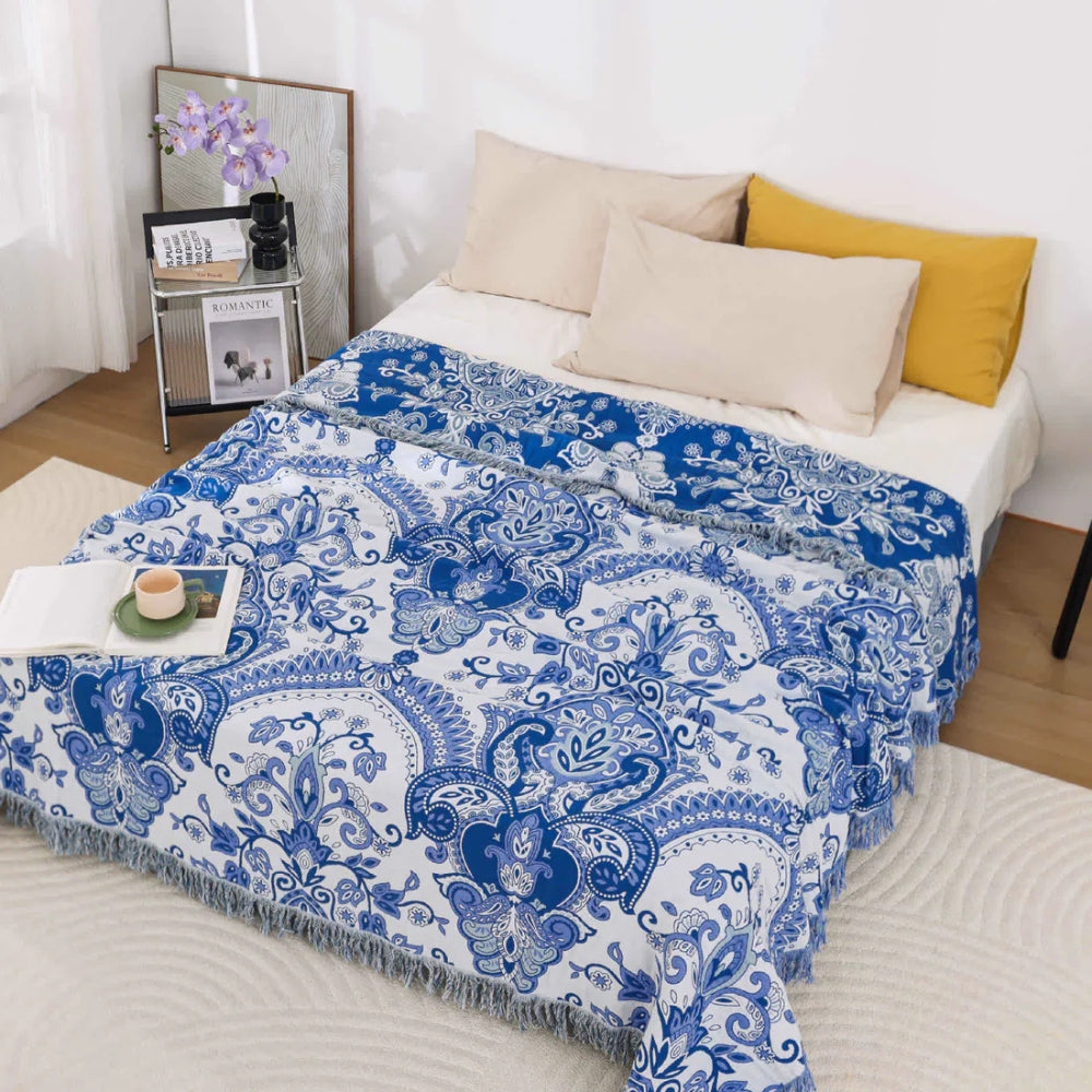 Cotton Blanket Breathable Paisley & Tassel Machine Washable