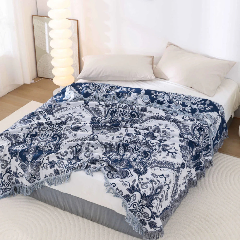 Cotton Blanket Breathable Paisley & Tassel Machine Washable
