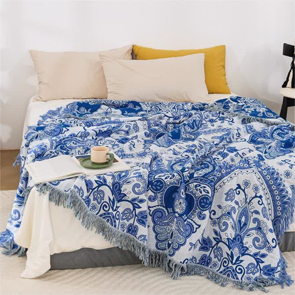 Cotton Blanket Breathable Paisley & Tassel Machine Washable