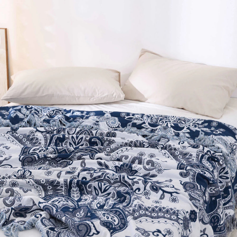 Cotton Blanket Breathable Paisley & Tassel Machine Washable