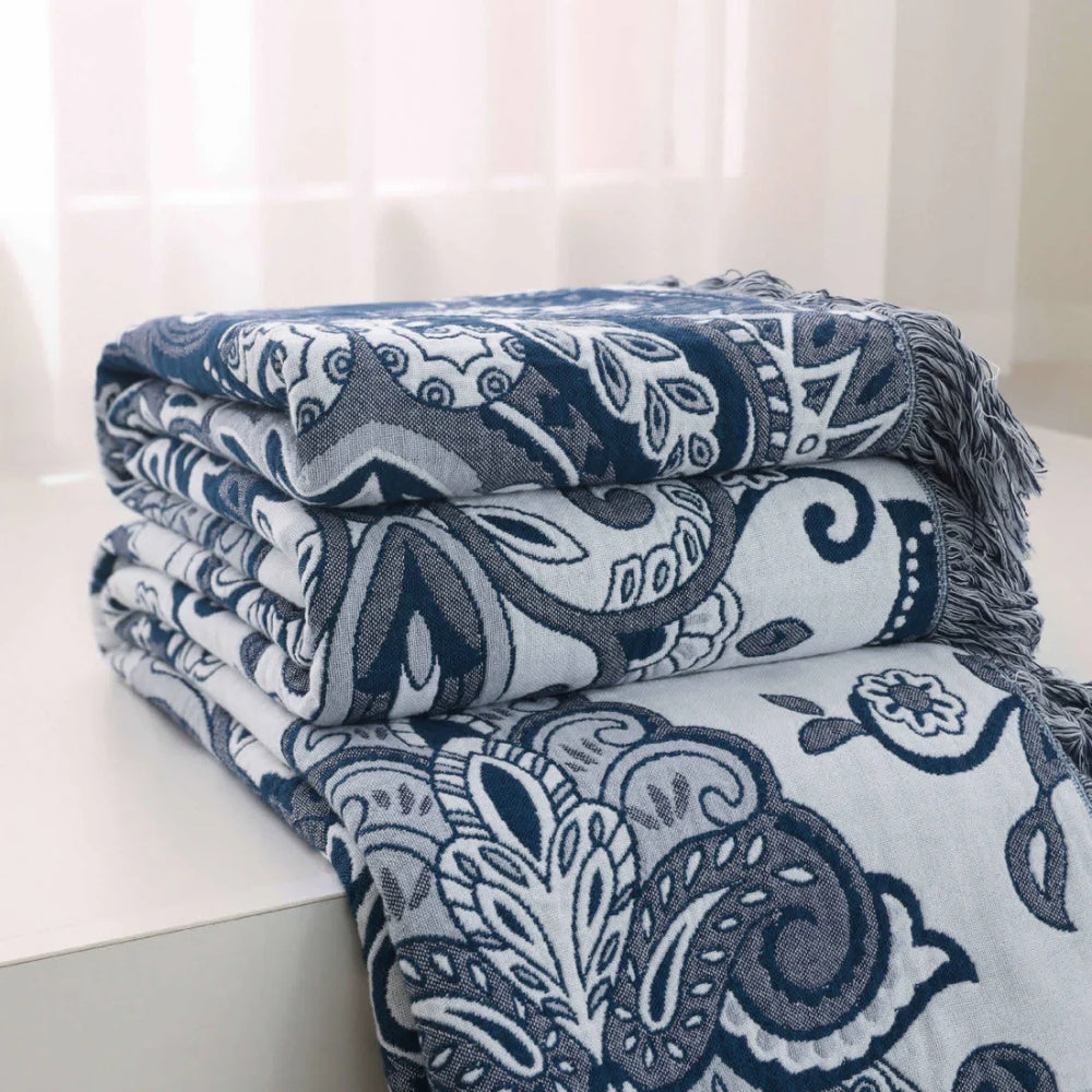 Cotton Blanket Breathable Paisley & Tassel Machine Washable