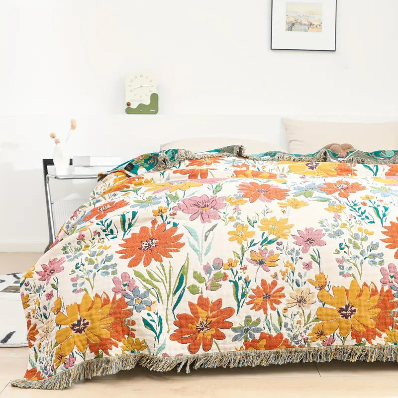 Cotton Blanket Jacquard Floral Oversized Machine Washable