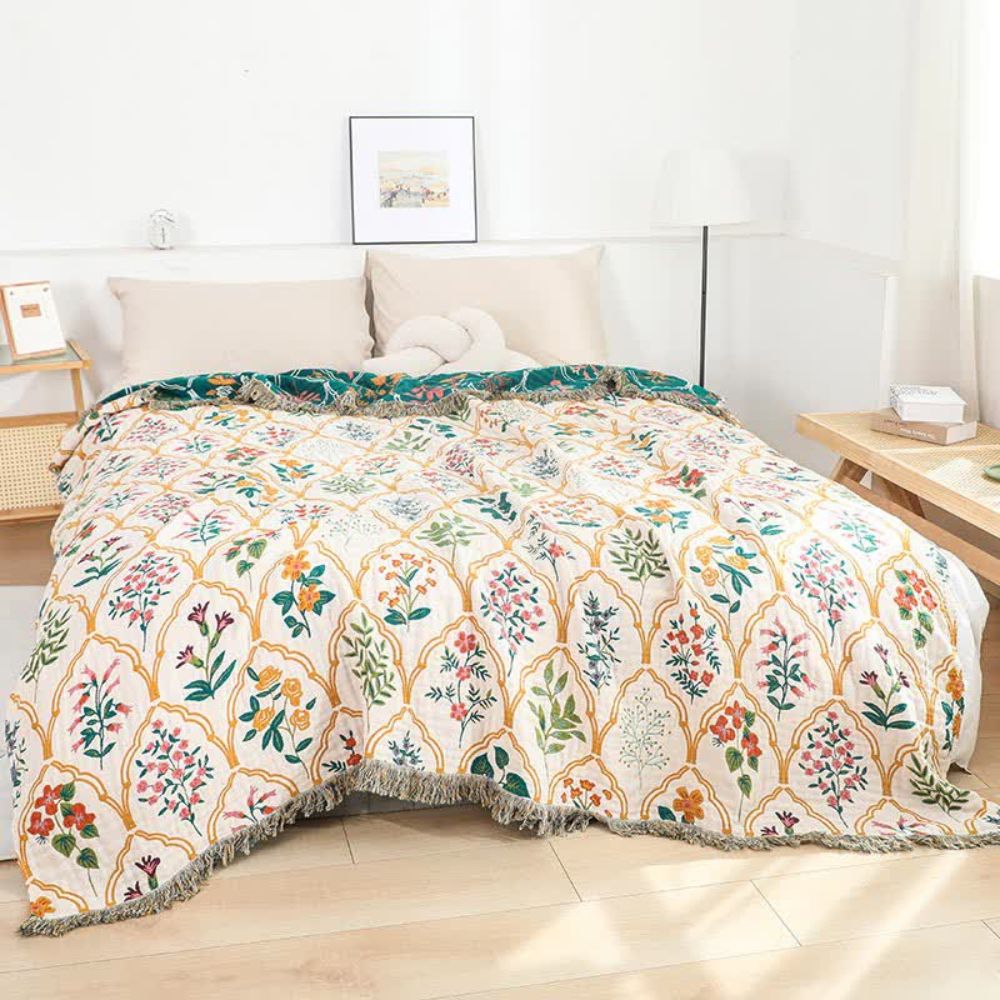 Cotton Blanket Lightweight & Breathable Reversible Diamond Floral