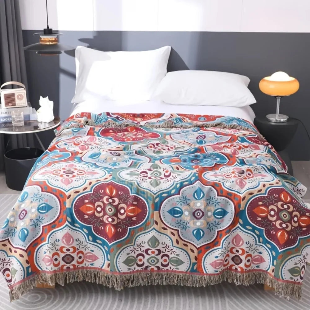 Cotton Blanket Moroccan Mosaic Tassel Fringe & Reversible