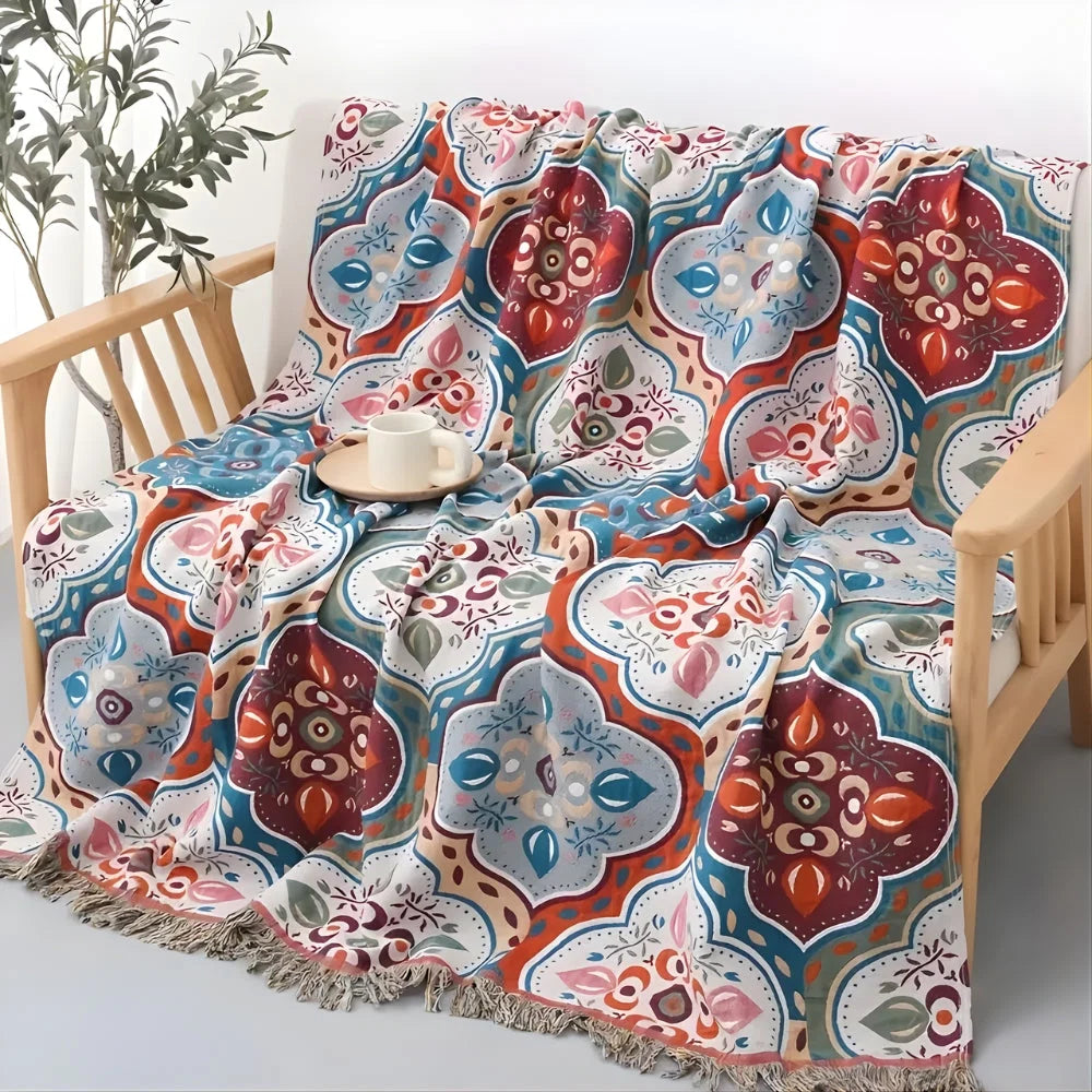 Cotton Blanket Moroccan Mosaic Tassel Fringe & Reversible