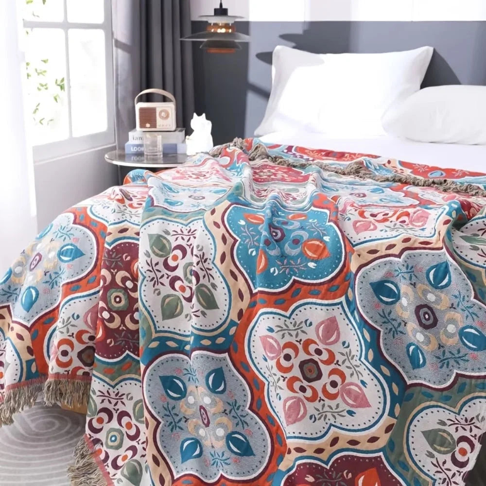 Cotton Blanket Moroccan Mosaic Tassel Fringe & Reversible
