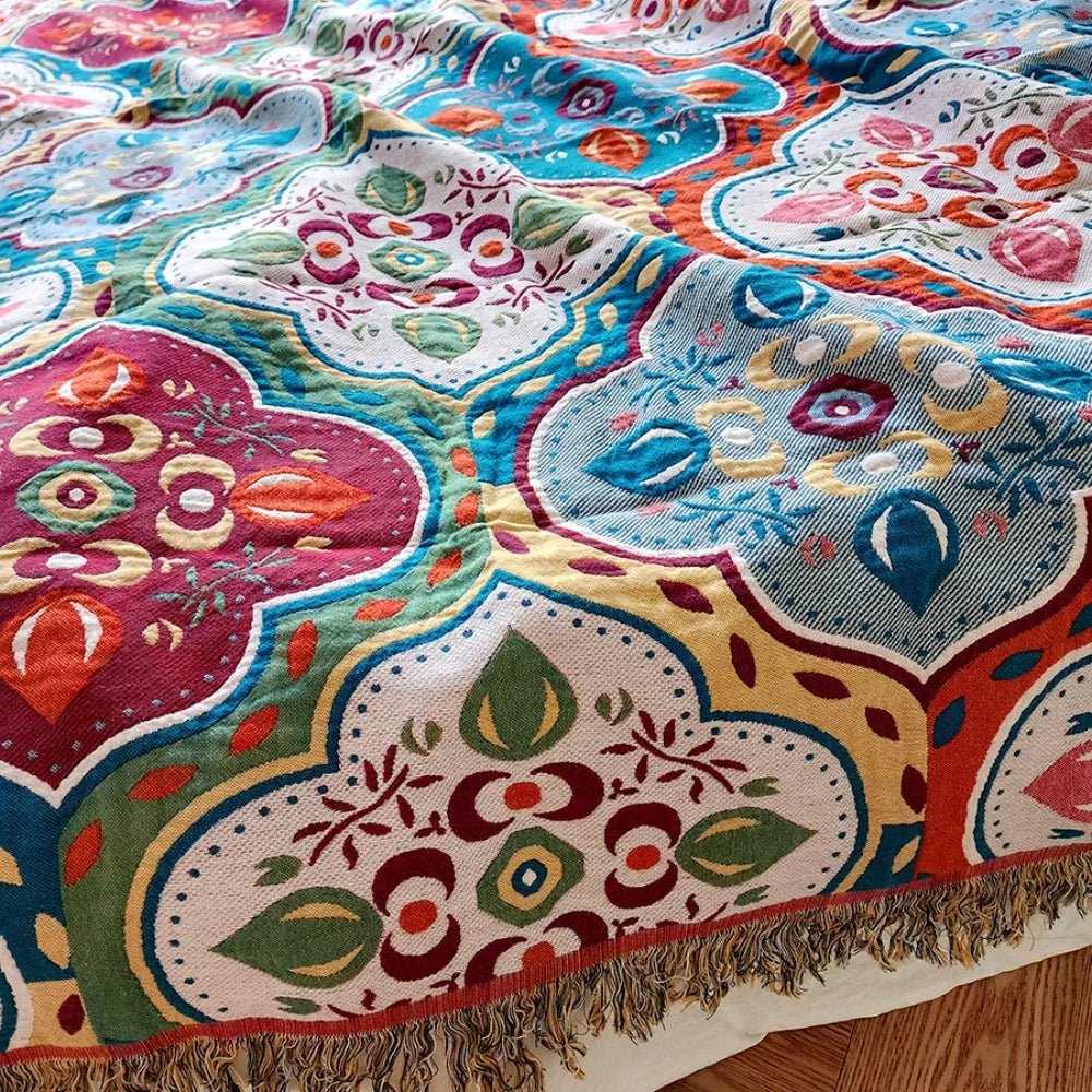 Cotton Blanket Moroccan Mosaic Tassel Fringe & Reversible