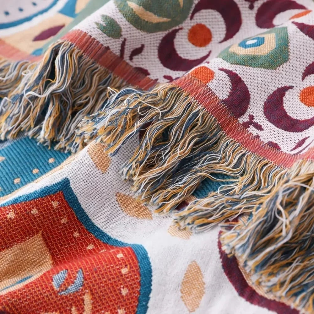 Cotton Blanket Moroccan Mosaic Tassel Fringe & Reversible