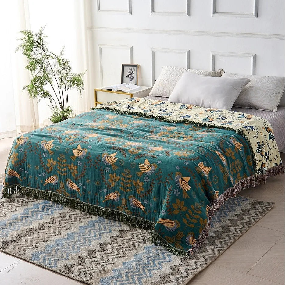 Cotton Blanket Reversible Bird Design Breathable