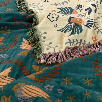Cotton Blanket Reversible Bird Design Breathable
