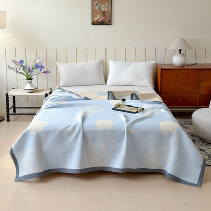Cotton Blanket Reversible Blue Floral Breathable & Machine Washable